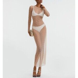 Women’s Long Sleeve All Over Pearl & Rhinestone Mesh Cream Colored Long Dress